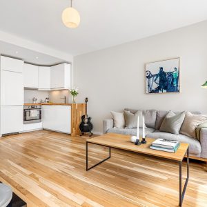 Coffee table shown in living room